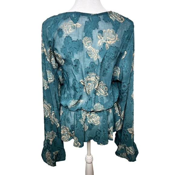 Venus Teal Floral Wrap Blouse Womens Long Sleeve V-Neck Size 12 - Picture 5 of 11